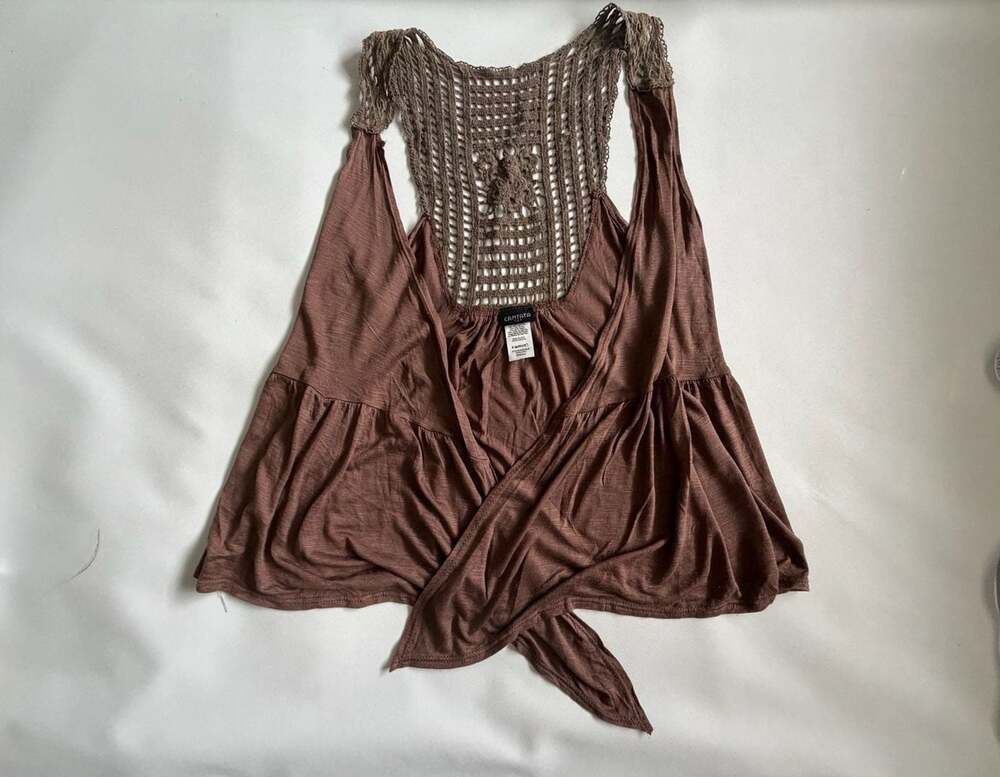 Cantana Womens Brown Crochet Back Tie Front Top Size S